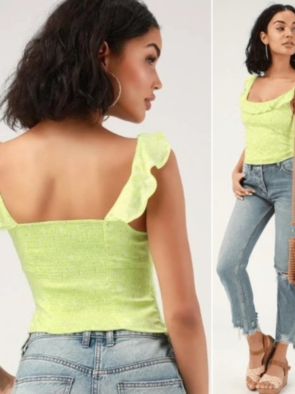 Free People Stay With You Lime Smocked Ruffle Tank Top Large
